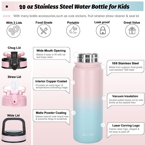Oldley Insulated Water Bottle with Straw 20oz Stainless Steel Water Bottles with 3 lids Double-Wall Vacuum Thermal for Kids Adults School Sports, Pink-Blue thumbnail 2
