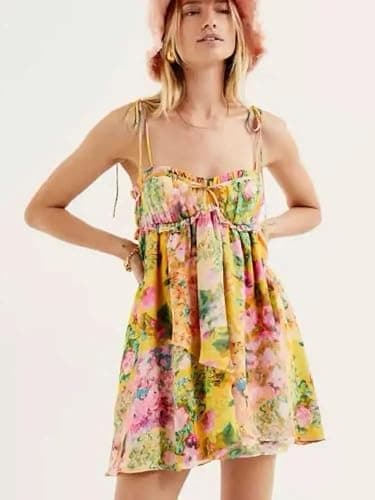 Summer Floral Boho Dresses for Women Spaghetti Straps Beach Dress Ruffle Sexy Mini Dress thumbnail 2
