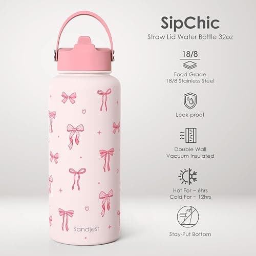 SANDJEST Coquette Bow Gift for Women, Water Bottle Stainless Steel 32oz with Lid & Straw, Pink Bows Aesthetic Insulated Bottles Gifts for Girls Friends Teens Birthday Christmas thumbnail 3