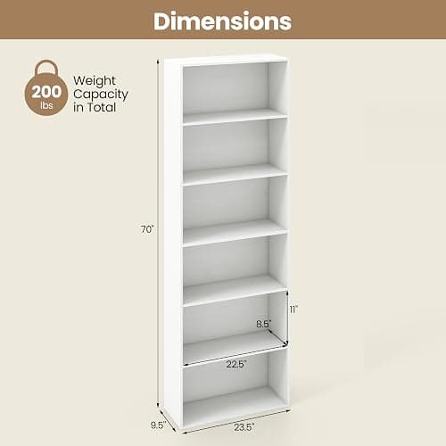 Giantex 6-Tier Bookcase, 70" Tall Wooden Bookshelf, Freestanding Storage Organizer w/Open Shelves, Anti-Tipping Kits, Modern Floor Standing Display Shelves for Living Room, Bedroom (1,White) thumbnail 3