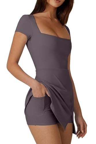QINSEN Womens Square Neck Tennis Dress Short Sleeve Built in Shorts Golf Athletic Dress with Pockets thumbnail 3