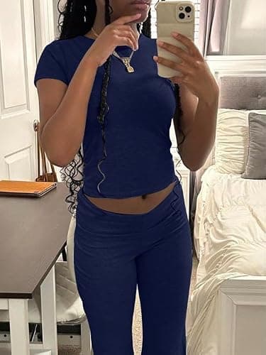 AYWA Women's 2 Piece Lounge Sets Short Sleeve Crop Top Foldover Flare Pants Casual Pajama Outfits thumbnail 2