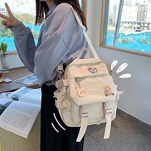 PEXIZUAN kawaii backpack girl school bag waterproof nylon with kawaii pendant cute pin mini backpack(white) thumbnail 3