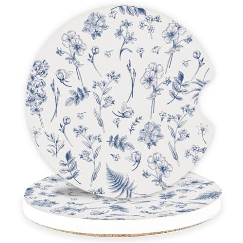 Ceramic Car Coasters – Absorbent Car Cup Holder Coaster Set for Women, Cute Aesthetic Car Accessories for Girls, 2 Pack (Dark Blue) - Image 1