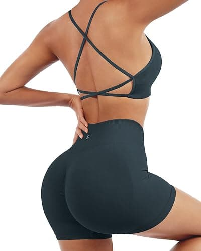 SUUKSESS Women Seamless Workout Sets Strappy Sports Bra High Waist Booty Shorts Outfits thumbnail 4