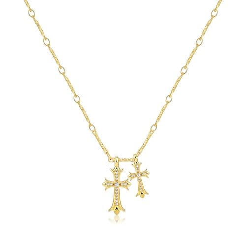 Warshion Cross Necklace 14K Gold/Silver Plated Double Cross Pendant Necklace Dainty Diamond Cross Charm Link Chain Choker Delicate Faith Jewelry Religious Gifts for Women thumbnail 6