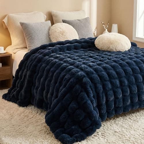 JONIYEAR Soft Fuzzy Bubble Faux Rabbit Fur Throw Blanket for Couch 50" x 60", Reversible Textured Fluffy Warm Thick Blanket for Winter,Luxury Cozy Puffy Shaggy Comfy Furry Blankets for Sofa, Navy Blue thumbnail 4