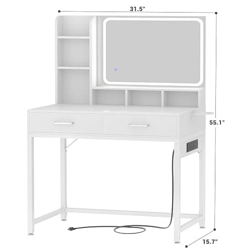 Small Vanity Desk, Vanity Desk with Mirror and Lights, Makeup Vanity Desks with Power Strip, Vanity Table with Drawers and Shelves, Adjustable Lighting, Dressing Table for Bedroom Dressing Room, White thumbnail 2