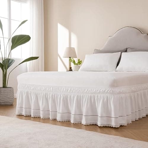 MIYE Wrap Around Ruffled Lace Bed Skirt, Elastic Dust Ruffle with Adjustable Belts, Easy to Put On, Bed Frame Cover, Machine Washable (Floral Lace/White, Full/Twin-18 Drop) thumbnail 2