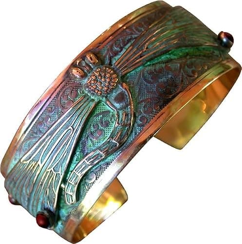 Verdigris Patina Solid Brass Decorative Dragonfly Cuff - Genuine Garnet thumbnail 6