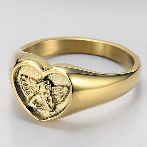 Jude Jewelers Stainless Steel Heart Shaped Signet Style Angel Pattern Statement Promise Wedding Ring thumbnail 2