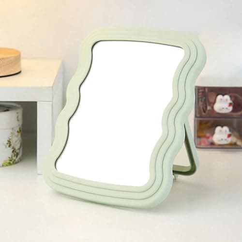 KZhuim 1 Green Wave Desktop Makeup Mirror Portable Makeup Mirror Irregular Wall Mounted Mirror Cute Wave Mirror Suitable for Modern Living Room Makeup, Bedroom and Bathroom Decoration (Green) - Green thumbnail 2