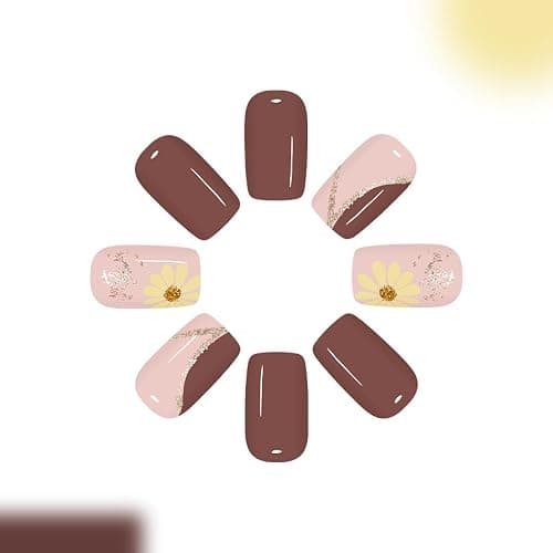 24Pcs Fall Press on Nails Short Square Fake Nails with Design Yellow Daisy Glue on Nails Brown False Nail Striped Glitter Acrylic Nail thumbnail 4