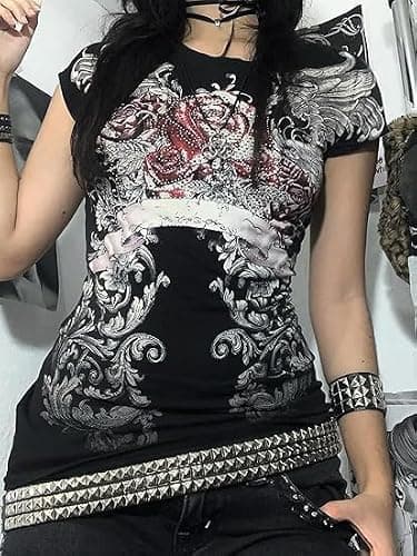 Grunge Shirts 2000s Clothing Women Vintage Graphic Tees Y2k Short Sleeve Goth Tops Teens Emo Clothes Streetwear thumbnail 2