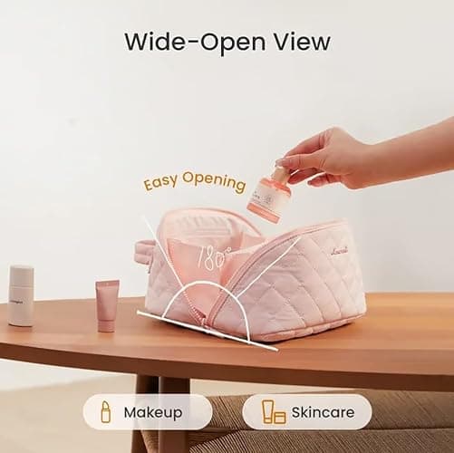 Makeup Bag for Woman, Wide Open Lay-Flat Water-Resistant Cosmetic Case, Festivalment Makeup Bag, Spacious 180° Open Cosmetic Organizer for Toiletries & Brushes Large Capacity with Compartments (Pink) thumbnail 3