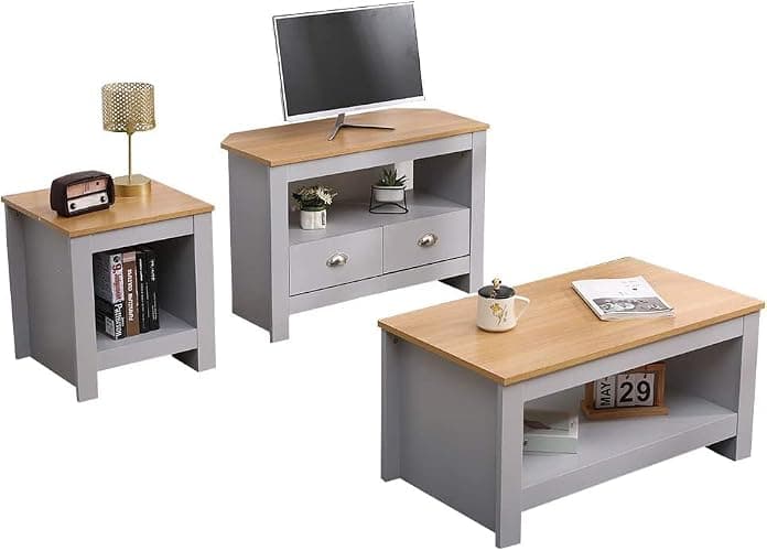 Kingwudo® Living Room 3 Pieces Set Furniture (Lamp Table and Coffee Table and Corner TV Unit) Modern Cabinets Set Grey+OakColor or White+Oak Color (Grey+Oak Color) - Image 1