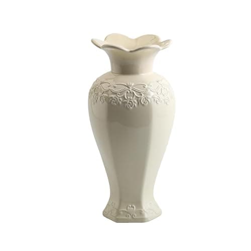 Seasonsplan Relievo Elegant White Cream 8in 11in Ceramic Flower Tall Aesthetic Beige Table Tulip Wide Mouth Rose Filler Decorative Rustic Vase Decor for Home (Cream Vase, L) - Image 1