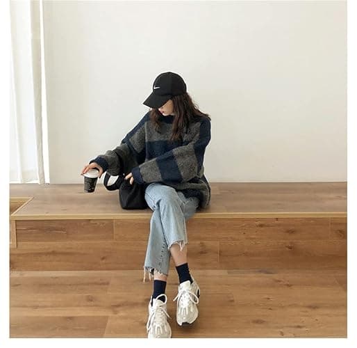 CENLLE Winter 90s Grunge Aesthetic Streetwear Sweater Retro Y2k Vintage Gothic Loose Women Knit Pullover Striped Jumper - One Size - Blue07 thumbnail 5