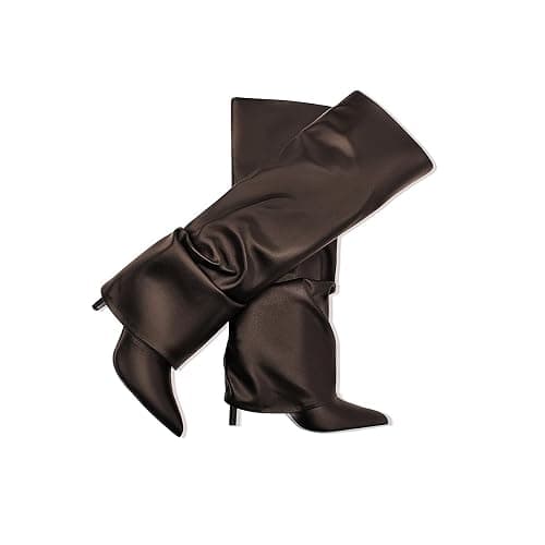 MOTIMODEN Women's Knee High Boots Fold Over High Heel Pointed Toe Black White Long Boots Women Dress Tall Boots for Women thumbnail 6