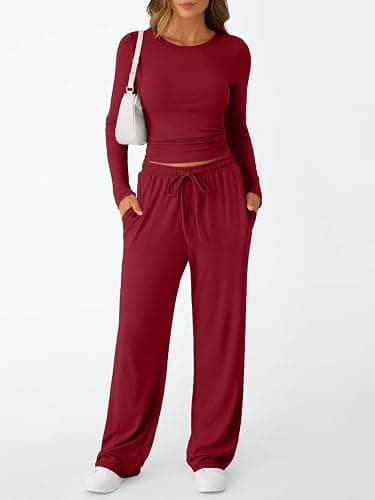 Trendy Queen Women's 2 Piece Matching Lounge Set Long Sleeve Side Ruching Top Wide Leg Drawstring Pants Set with Pockets thumbnail 2