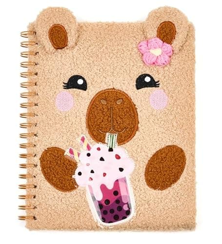 VOTUM Fuzzy Spiral Notebook 8 x 11 – Cute Capybara Design, Soft Plush Cover Journal for Kids, Lined Pages, Large Cozy School Notebook for Writing, Notes & Drawing - Image 1