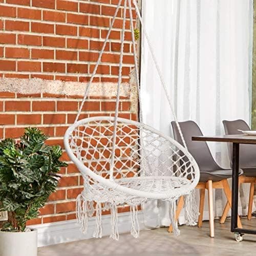 Saturnpower Hammock Chair Macrame Swing, Bohemian Style Round Hanging Chair, Handmade Knitted Cotton Rope Hammock Swing Chair for Indoor/Outdoor Home Bedroom Yard Garden Patio, Max 260Lbs, Beige thumbnail 4