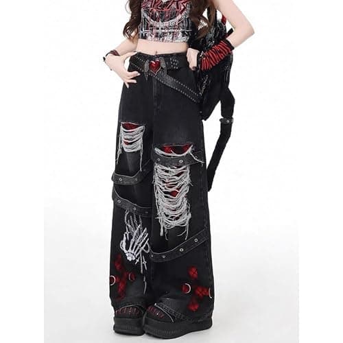Y2K Ripped Grunge Baggy Jeans Pants Emo Women Goth Straight Leg Pants High Waist Alt 2000s Trousers Clothes thumbnail 2