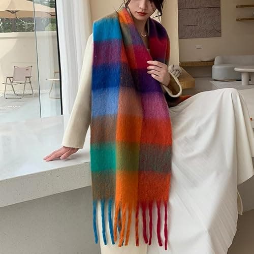 MININAI Chunky Winter Scarfs for Women Cold Weather Warm Knit Thick Plaid Scarf Long Large Oversized Checked Scarves thumbnail 4