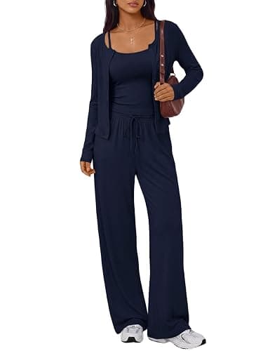 Trendy Queen Womens 3 Piece Lounge Sets Airport Outfits 2026 | Resort Vacations, Fall Travel Outfits, Home Lounging, Camisole Top, Wide Leg Pants, Cute Lightweight Cardigans, Matching Sets - Image 1