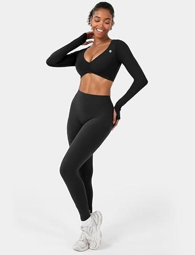 YEOREO Long Sleeve Crop Tops for Women Agantha Deep V Neck Ruched Padded Workout Gym Cropped T Shirt Top with Thumb Holes thumbnail 6