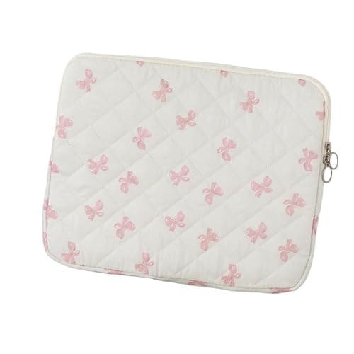 Cutecore Bow Puffy Quilted Laptop Sleeve Y2K Preppy Tablet Protective Case Girly Coquette Aesthetic Notebook Pouch (Pink,13 inch) - Image 1