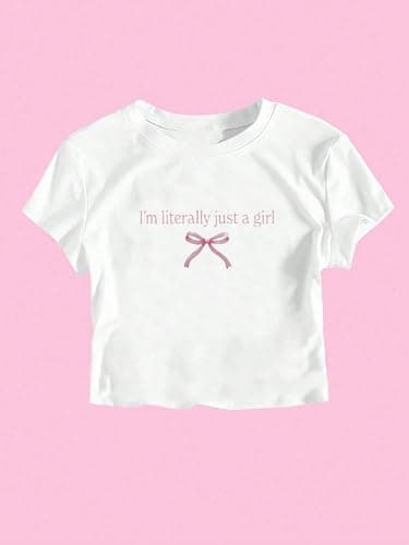QJQ Girl's Bow Letter Graphic T Shirts Short Sleeve Crewneck Tees Summer Trendy Preppy Cute Tops Clothes - White - 10 Years thumbnail 2
