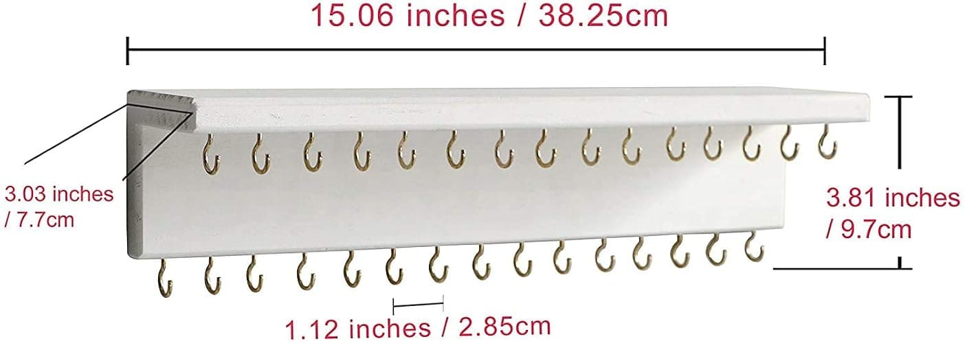 SANY DAYO HOME Jewelry Organizer with 30 Hooks and Cosmetics Shelf, 15 x 3 x 4 inches Wall Mounted Rustic Pine Wood Holder for Necklaces and Bracelets, Suitable for Kids and Adults (Retro White) thumbnail 3