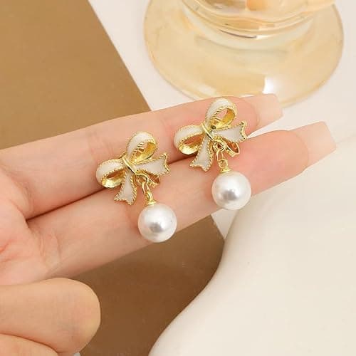 Gold Bow Earrings for Women, Long Tassel Chain Drop Earrings, Trendy Small Bow Earrings, Ribbon Waterfall Dangling Earrings, Pearl Bow Earrings, Sparkly Elegant Bowknot Preppy Jewelry Gifts for Women thumbnail 4