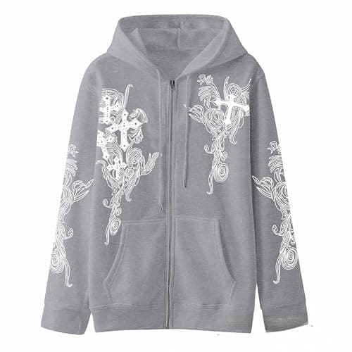 Women Men Y2K Zip Up Oversized Hoodie Gothic cross Graphic Emo Grunge Baggy Fleece Jacket 90s Punk Streetwear thumbnail 5
