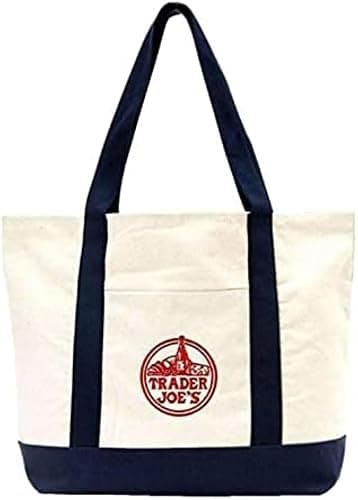 EXZMA Trader Joes Large Tote Shopping Bag Cotton Canvas Embroidered Bag (1), Navy Blue - Image 1