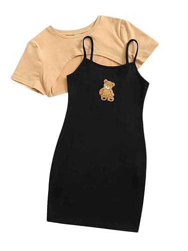 SOLY HUX Girl's 2 Piece Outfits Short Sleeve Crop Top and Cartoon Print Cami Dress Set - 8 Years - Multicoloured - Image 1