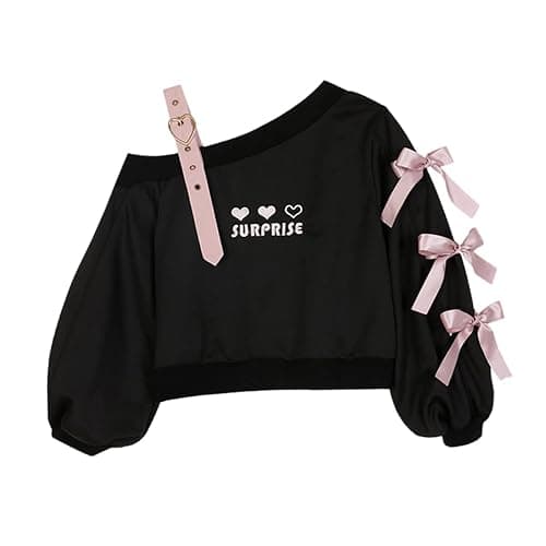 Off Shoulder Sweatshirts Teen Girls Lolita Kawaii Embroidered Heart Graphic Lace Up Crop Top Casual Pullover… - Image 1