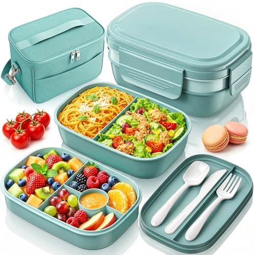 HOMETALL Bento Box Adult with Insulated Lunch Bag - 3 Stackable Leak-Proof Lunch Box Containers for Women & Men - BPA Free Lunchbox with Utensil Set (Spoon, Knife, Fork) for Work, Picnic, Dining Out - Image 1