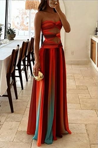 Seyumixi Women Tie Dye Maxi Dress Strapless Gradient Hollow Out Long Dress Summer Off Shoulder Flowy Elegant Dresses thumbnail 4