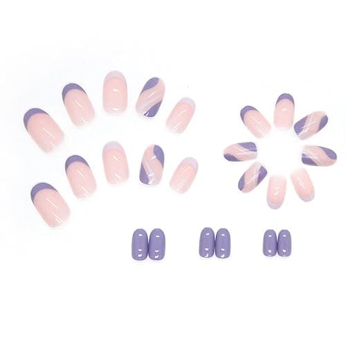 JUSTOTRY 24 Pcs Almond False Nails Short, Lilac French Fake Nails with Wavy, Nude French Stick on Nails Short, Oval Press on Nails for Women, Nails Fake Nail for Nails Art thumbnail 4