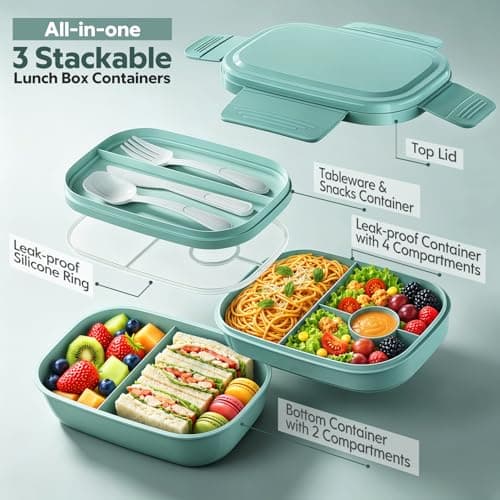 HOMETALL Bento Box Adult with Insulated Lunch Bag - 3 Stackable Leak-Proof Lunch Box Containers for Women & Men - BPA Free Lunchbox with Utensil Set (Spoon, Knife, Fork) for Work, Picnic, Dining Out thumbnail 3