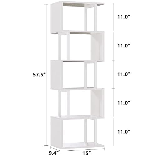 Furologee White Geometric Bookshelf 6 Tier S-Shaped Bookcase, Tall Modern Display Storage Shelf, Metal and Wood Decorative Freestanding Room Divider Shelves for Bedroom, Living Room, Office thumbnail 3