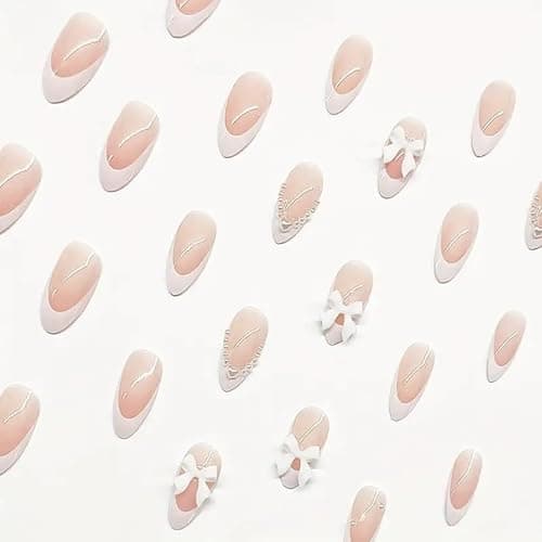 Almond Press on Nails Medium Fake Nails White French Tip False Nails with 3D Bow Charms Design Glue on Nails Pearl Full Cover Stick on Nails Elegant Artificial Nails for Women Manicure 24Pcs thumbnail 2