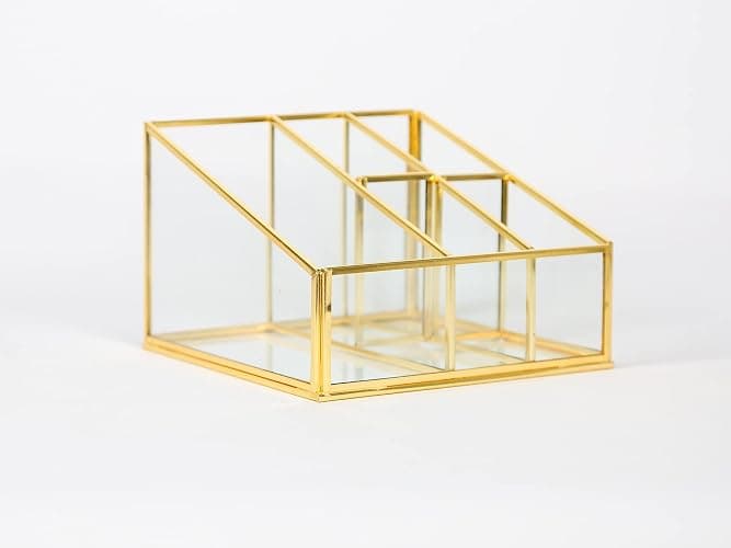 Gold Glass Desktop, Vantity, Make Up Storage Organiser - Dressing Table Top Jewellery Storage 5 Compartment Box - Bedroom thumbnail 2