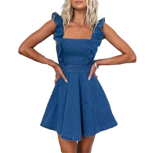 Generic Womens Solid A Line Cowboy Dress Square Collar Denim Mini Dress Butterfly Sleeve Backless Zip Dress - Image 1