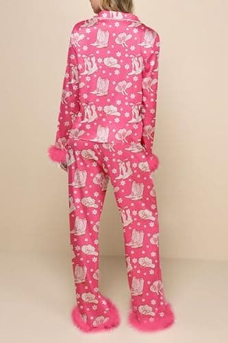 Yiulangde Women's Satin Silk Pajamas Sexy Feather Trim Long Sleeve Button Up Pjs Shirt Sleep Pajama Pants 2 Piece Lounge Sets thumbnail 2