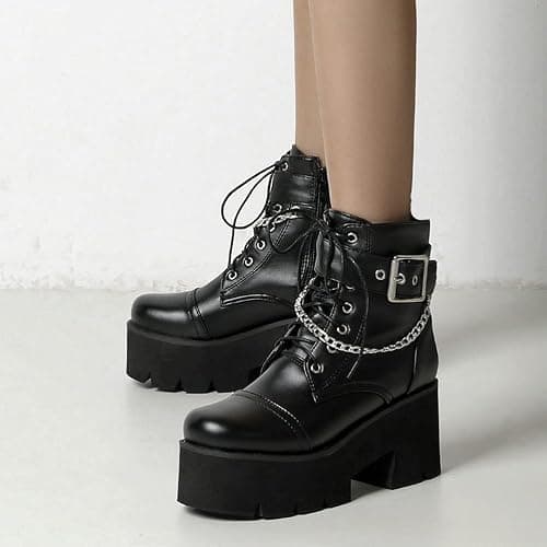 LUXMAX Women Buckle Goth Chunky Platform Ankle Boots Lace Up High Heel Motorcycle Boots with Chain thumbnail 6