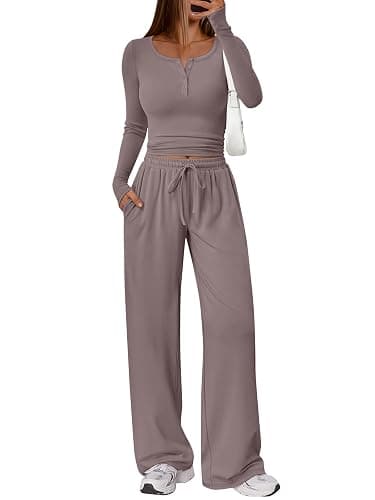 Trendy Queen Women's 2 Piece Matching Lounge Sets Long Sleeve Henley Neck Slightly Crop Top Wide Leg Pants Casual Sweat Suit - Image 1