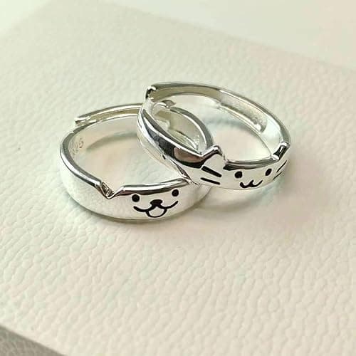 Uarein Cat Dog Couple Ring for Women Men Silver Animal Friendship Matching Ring Cute Puppy Kitten Statement Ring Minimalist Party Valentine's Day Jewelry Gift thumbnail 4